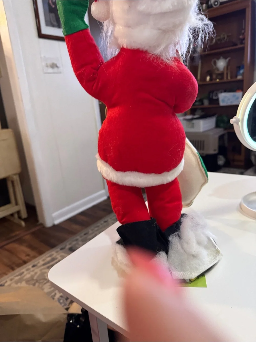 Annalee Red Santa Doll with Blue-Striped Apron and Green Toy Train